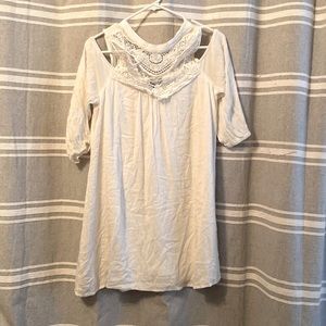 White Linen peek shoulder dress.